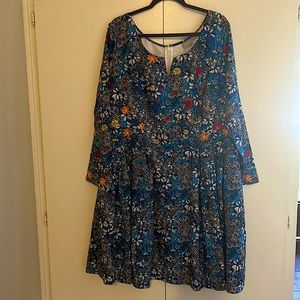 eShakti Blue Floral Print Dress w/ Pockets, Fits Like 18